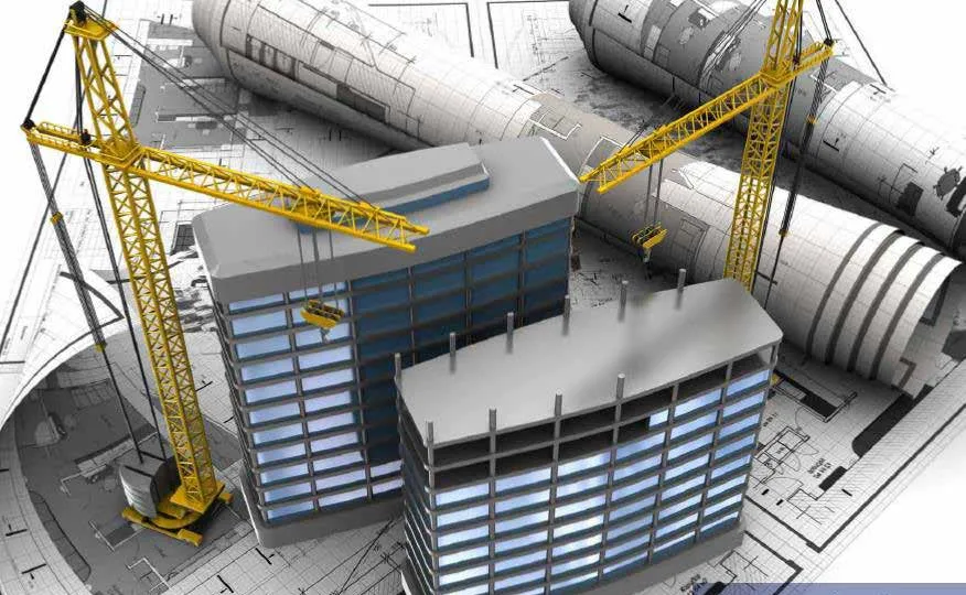 Building under construction over architectural drawings