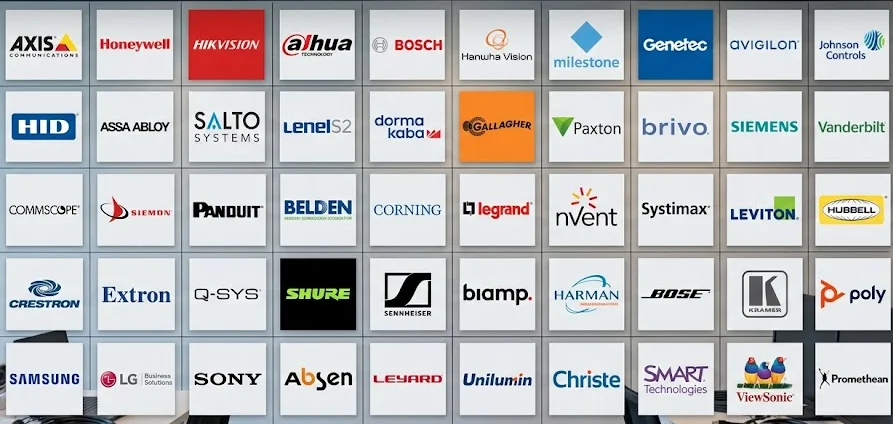 ELV vendor logos: Axis Communications, Honeywell, Hikvision, Dahua, Bosch, Hanwha Vision, Milestone, Genetec, Avigilon, Johnson Controls, HID, ASSA ABLOY, SALTO Systems, LenelS2, dormakaba, Gallagher, Paxton, Brivo, Siemens, Vanderbilt, CommScope, Siemon, Panduit, Belden, Corning, Legrand, nVent, Systimax, Leviton, Hubbell, Crestron, Extron, Q-SYS, Shure, Sennheiser, Biamp, Harman, Bose, Kramer, Poly, Samsung, LG, Sony, Absen, Leyard, Unilumin, Christie, SMART Technologies, ViewSonic, Promethean